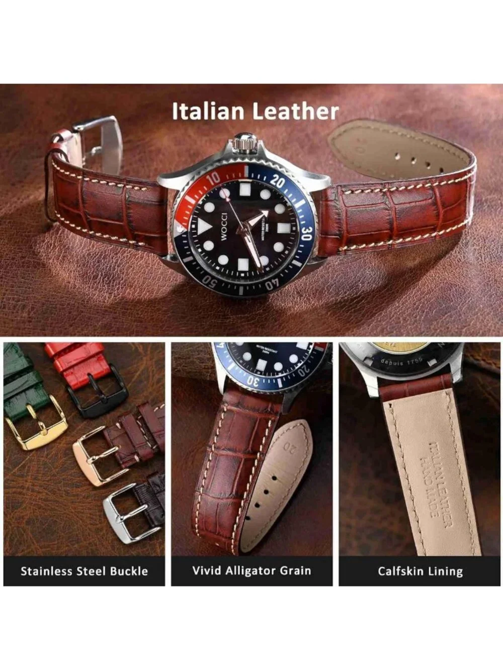 Italian Leather Watch Band 22mm, Embossed Alligator Grain, Rose Gold Buckle